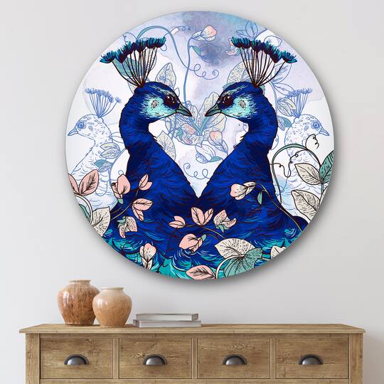 Designart - Two Blue Peacocks With Wildflowers